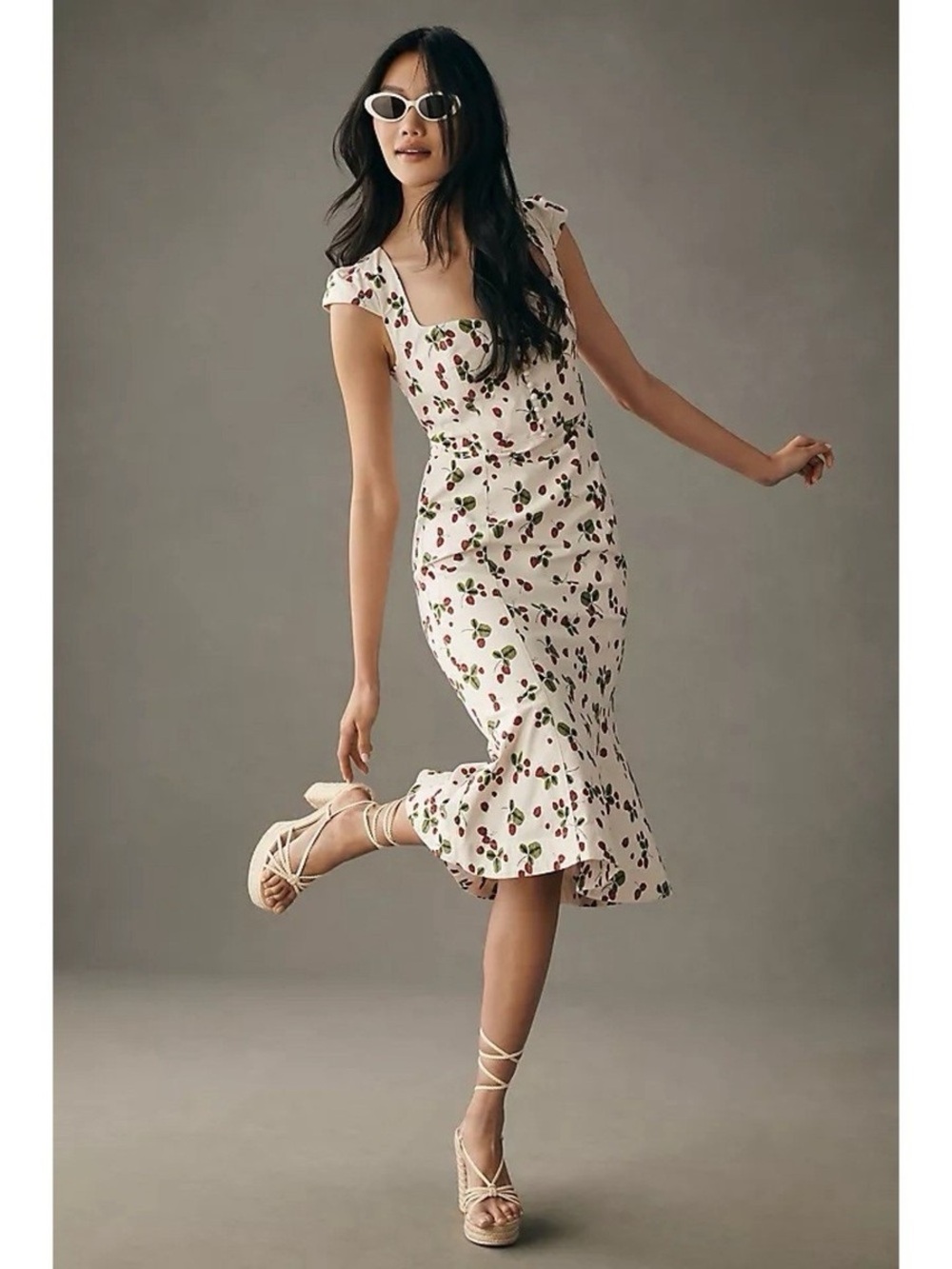 Anthropologie Cream Midi Dress with Red Cherry Print - Picture 4 of 5